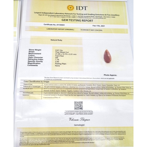 1362 - A Set of Two Rubies. (8.88ct, Pear cut, Parting Plane) and (8.87ct, Pear cut, Parting Plane). IDT Ce... 