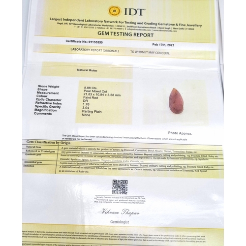 1362 - A Set of Two Rubies. (8.88ct, Pear cut, Parting Plane) and (8.87ct, Pear cut, Parting Plane). IDT Ce... 