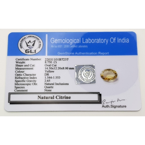 1404 - A 8.75ct Loose Citrine Gemstone. Oval cut, Natural inclusions, Quartz species. GLI Certified