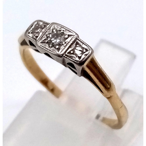 438 - A Vintage Possibly Antique 9K Yellow Gold Diamond Trilogy Ring. Size L. 1.45g total weight.