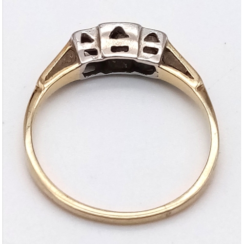 438 - A Vintage Possibly Antique 9K Yellow Gold Diamond Trilogy Ring. Size L. 1.45g total weight.