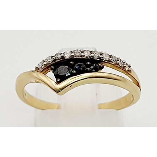 827 - A 9k Yellow Gold Chevron Black and White Diamonds Ring. Size S. Total weight: 2.38g