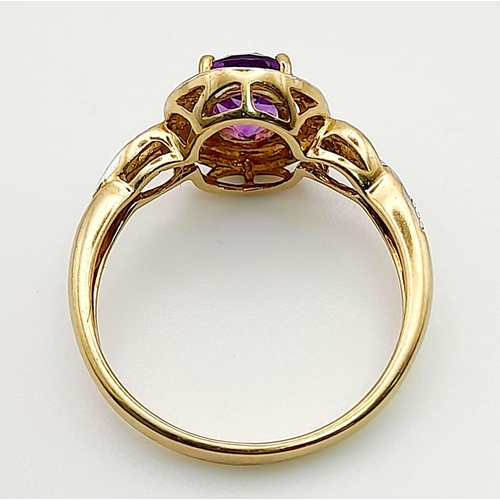 1231 - A 9K Yellow Gold Ring with a Centre Amethyst and Halo Diamonds surrounded by and on both shoulder. S... 