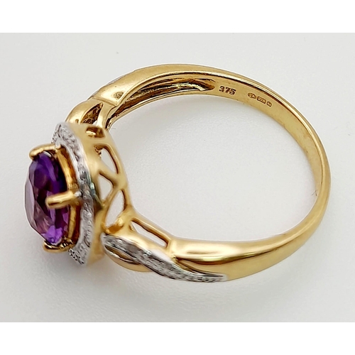 1231 - A 9K Yellow Gold Ring with a Centre Amethyst and Halo Diamonds surrounded by and on both shoulder. S... 