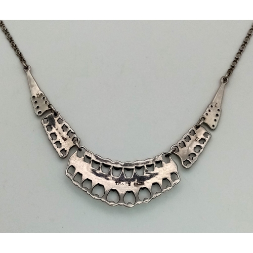 1193 - A Vintage Sterling Silver Necklace with Silver and Marcasite Drop Pendant. 40cm.