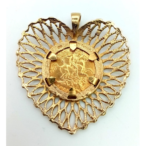 122 - A 22k Gold George V Half Sovereign Coin set in a 9K Yellow Lattice Heart Pendant.  9.91g total weigh... 