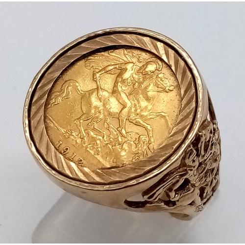 33 - A 22k Gold George V Half Sovereign set in a 9K Gold Antique Ring. Size U. 10.77g total weight.