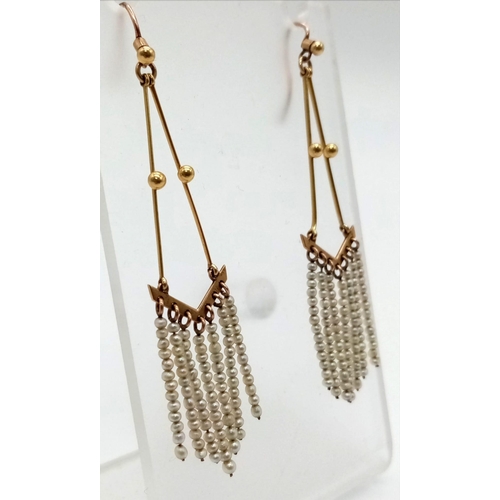 535 - A Pair of Antique 1920s Flapper-esque 9K Yellow Gold Seed Pearl Dangler Earrings. 4.24g total weight... 