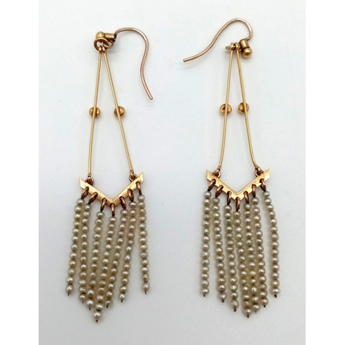 535 - A Pair of Antique 1920s Flapper-esque 9K Yellow Gold Seed Pearl Dangler Earrings. 4.24g total weight... 