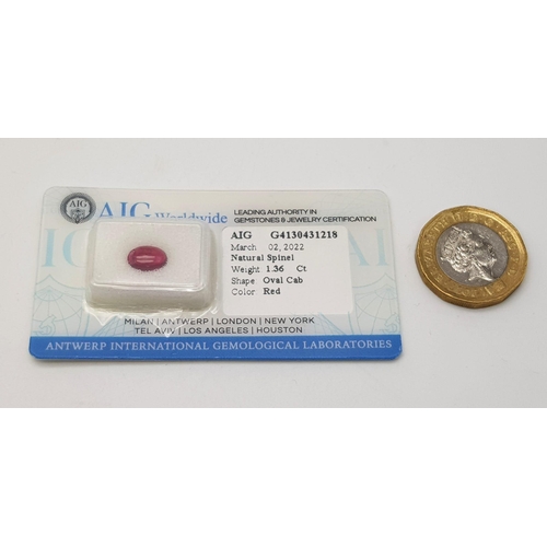 714 - A 1.36ct Burma Spinel Gemstone - Oval Cabochon Cut. AIG Milan Certified.