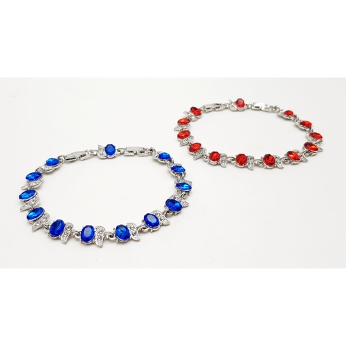 908 - A Ruby Red and Sapphire Blue Coloured Stone Bracelet set in White Metal. Both with expandable links ... 