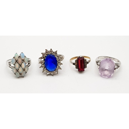 959 - Four Assorted 925 Silver Different Coloured Stone Set Rings. The Red stone ring is an antique 9K gol... 