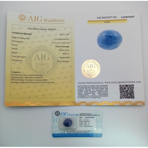 1322 - A 9.33ct Tanzanite Cabochon Gemstone.  AIG Milan certificate.