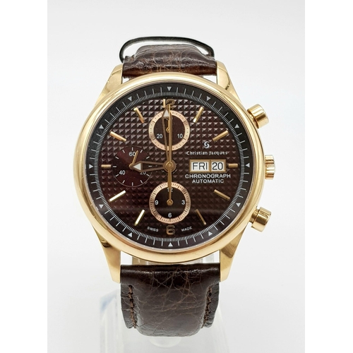 150 - A Christian Jacques Automatic 18K Gold Gents Chronograph Watch. Crocodile leather strap. 18k gold ca... 