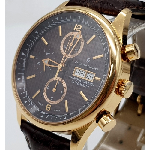 150 - A Christian Jacques Automatic 18K Gold Gents Chronograph Watch. Crocodile leather strap. 18k gold ca... 