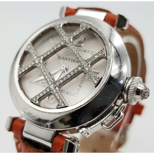 165 - A Pasha de Cartier 18K White Gold and Diamond Ladies Grid Watch. Brown leather strap with Cartier 18... 