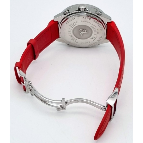 170 - A Jacob and Co Five Time Zone Gents Watch. Red rubber strap. Steel case - 46mm. Quartz movement. Mul... 