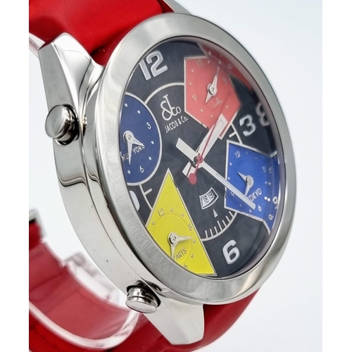 170 - A Jacob and Co Five Time Zone Gents Watch. Red rubber strap. Steel case - 46mm. Quartz movement. Mul... 