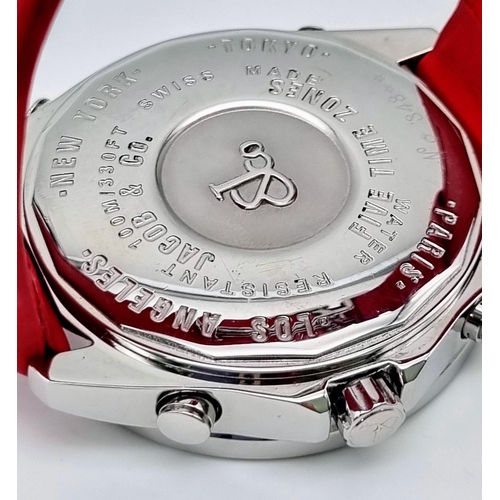 170 - A Jacob and Co Five Time Zone Gents Watch. Red rubber strap. Steel case - 46mm. Quartz movement. Mul... 