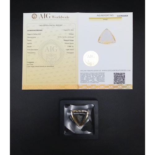 444 - A 77.06ct Trillion Shape AAA Certified Natural Citrine.  AIG Milan Certified in a presentation case.