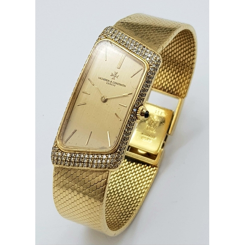 835 - A Vacheron and Constantin 18k Gold and Diamond Ladies Watch. Solid 18k strap and rectangular case - ... 