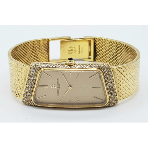 835 - A Vacheron and Constantin 18k Gold and Diamond Ladies Watch. Solid 18k strap and rectangular case - ... 