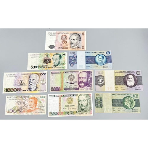 994 - Six Brazilian and Three Peruvian Currency Notes. In excellent condition but please see photos.