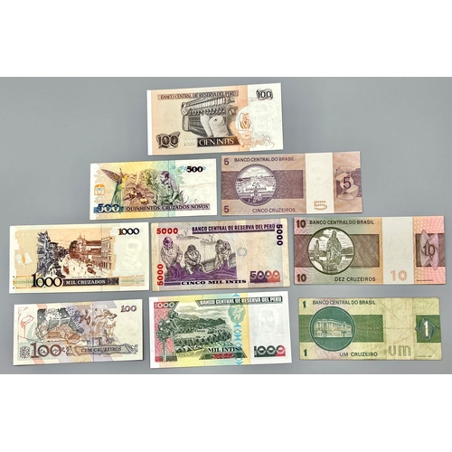 994 - Six Brazilian and Three Peruvian Currency Notes. In excellent condition but please see photos.