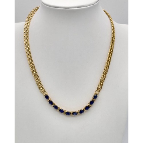 1212 - An 18K yellow gold necklace with wonderful oval cut royal blue sapphires and diamonds. Length: 36 cm... 