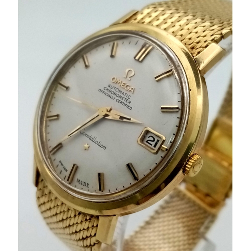 43 - A 1960s 18K Solid Gold Omega Constellation Gents Watch. 18K gold strap and case - 36mm. White dial w... 