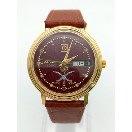 1067 - A RARE CANDID 3000S MANUAL WIND WRIST WATCH WITH RED DIAL AND LEATHER STRAP. 32mm