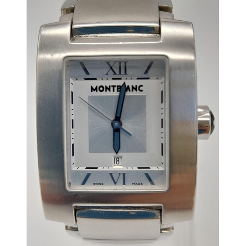 1047 - A MONTBLANC STEEL WRIST WATCH WITH RECTANGULAR FACE , AUTOMATIC MOVEMENT.  32 X 28mm