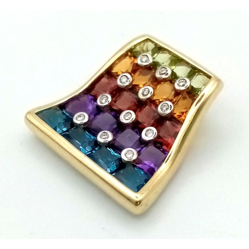 998 - A wonderful, BROWNS designed, 14K yellow gold, rainbow coloured pendant with gems: topaz, amethyst, ... 