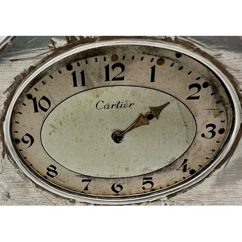 1234 - A rare sterling silver CARTIER desk clock. Dimensions: 125 x 75 x 35 mm, weight: 498 g. A/F