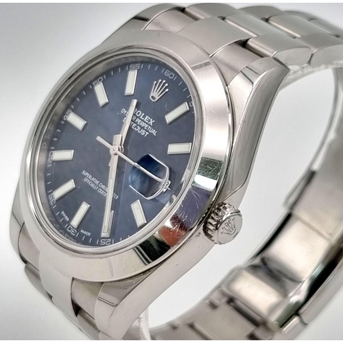 667 - A Rolex Perpetual Oyster Datejust Gents Watch. Metallic blue dial. Automatic movement. Stainless ste... 