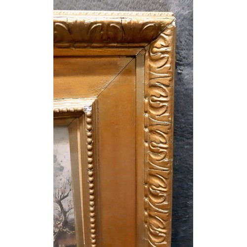 1358 - Three wood and plaster picture frames in gold effect. The largest one has a small bit of damage to t... 