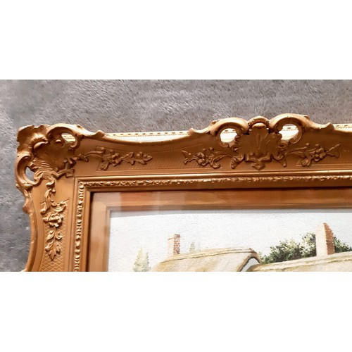 1358 - Three wood and plaster picture frames in gold effect. The largest one has a small bit of damage to t... 