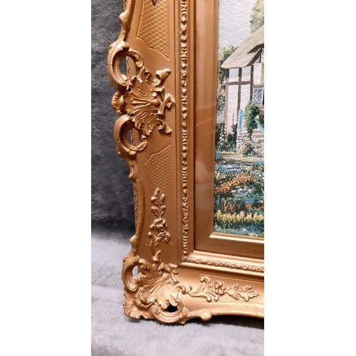 1358 - Three wood and plaster picture frames in gold effect. The largest one has a small bit of damage to t... 