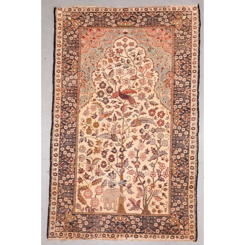 1203 - Three hand woven rugs, one silk and an antique hand woven tapestry/wall hanging. The silk rug is in ... 