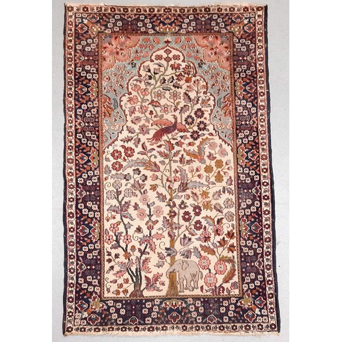 1203 - Three hand woven rugs, one silk and an antique hand woven tapestry/wall hanging. The silk rug is in ... 