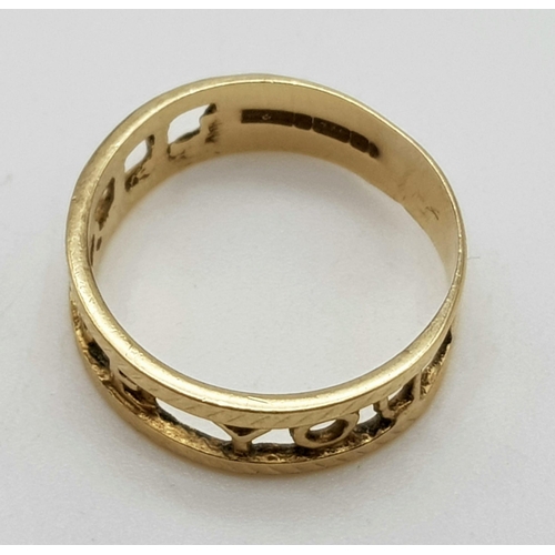 781 - 9K YELLOW GOLD I LOVE YOU BAND RING.
WEIGHS 1.9G
SIZE K 1/2