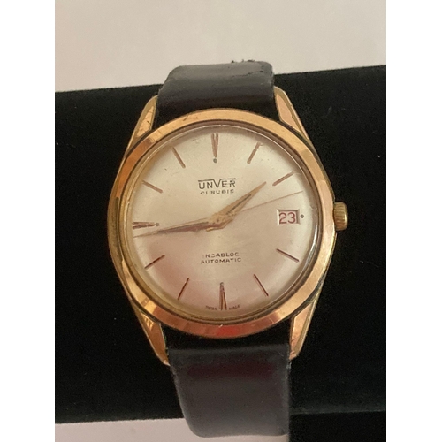 1125 - Rare vintage 1950/60’s UNVER AUTOMATIC WRISTWATCH. Gold plated. Face showing 41 rubies incabloc Auto... 