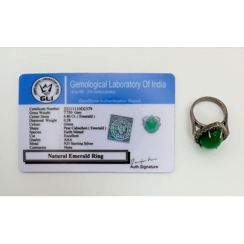 1544 - A 6.80ct Natural Emerald Cabochon Ring set in 925 silver and decorated with a 0.28ct Diamond accent ... 