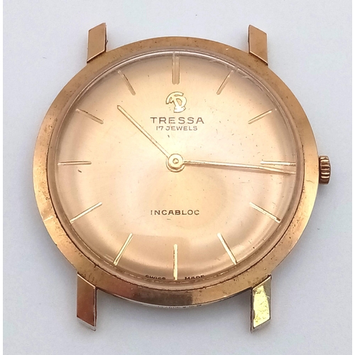 1334 - Tressa Swiss Incabloc manual winder thin wrist watch, no strap.