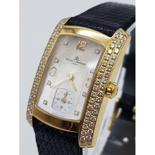 786 - A Baume and Mercier 18K Gold and Diamond Ladies Tank Watch. Black crocodile leather strap. 18k gold ... 