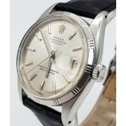 858 - A Vintage Rolex Oyster Perpetual Datejust Gents Watch. Black leather strap. Stainless steel case - 3... 