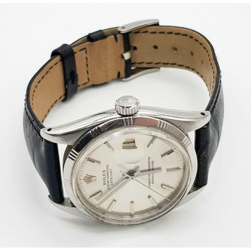 858 - A Vintage Rolex Oyster Perpetual Datejust Gents Watch. Black leather strap. Stainless steel case - 3... 