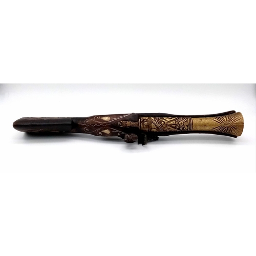 1242 - A Vintage Decorative Wood and Metal Eastern Blunderbuss Flintlock with Inlaid Mother of Pearl. 40cm ... 