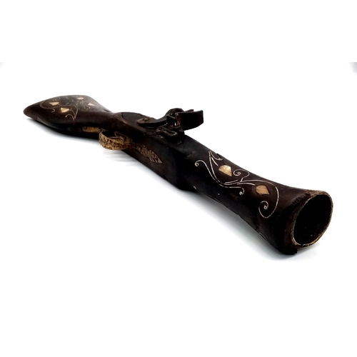 1242 - A Vintage Decorative Wood and Metal Eastern Blunderbuss Flintlock with Inlaid Mother of Pearl. 40cm ... 