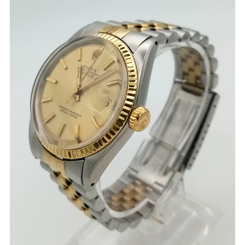 193 - A Rolex Oyster Perpetual Datejust Gents Watch. Bi-metal jubilee strap and case - 36mm. Gold tone dia... 